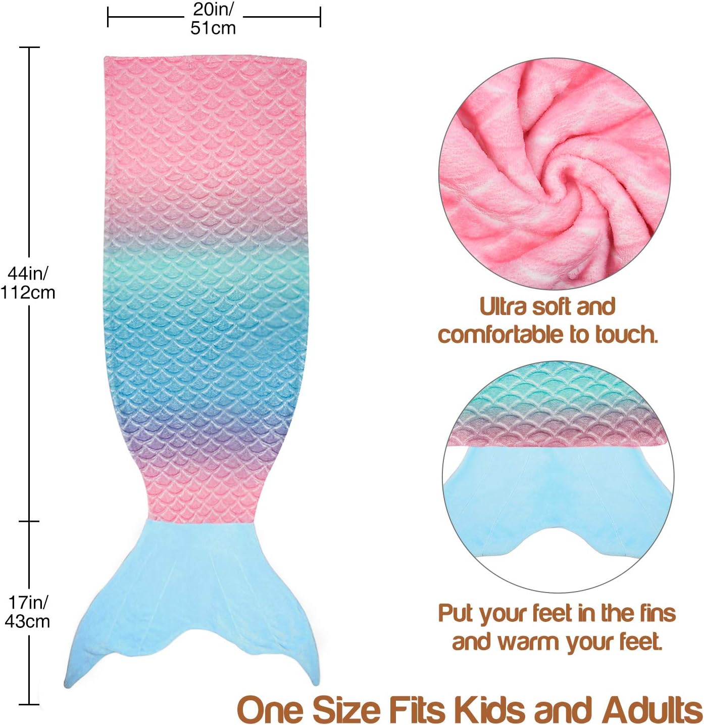 Catalonia Kids Mermaid Tail Blanket, Super Soft Plush Flannel Sleeping Snuggle Blanket for Girls,
