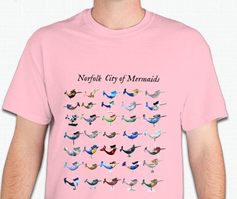 Pink t-shirt with 35 colorful mermaid illustrations and text 
